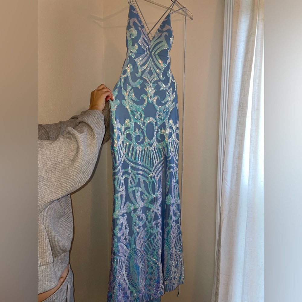 WORN ONCE Blue iridescent sequin open back dress. - Picture 3 of 7